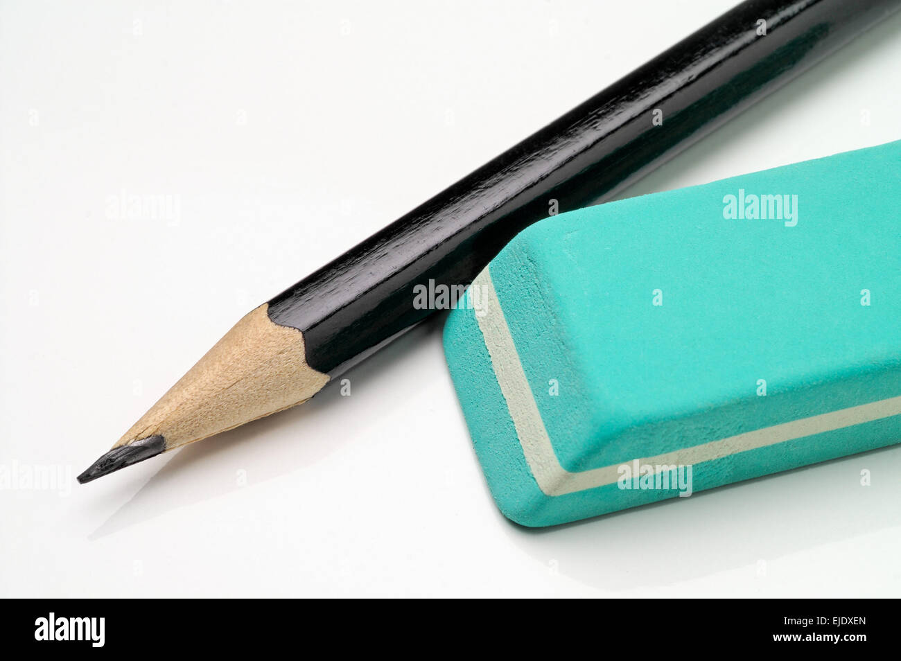 Write and delete - pencil and eraser closeup Stock Photo