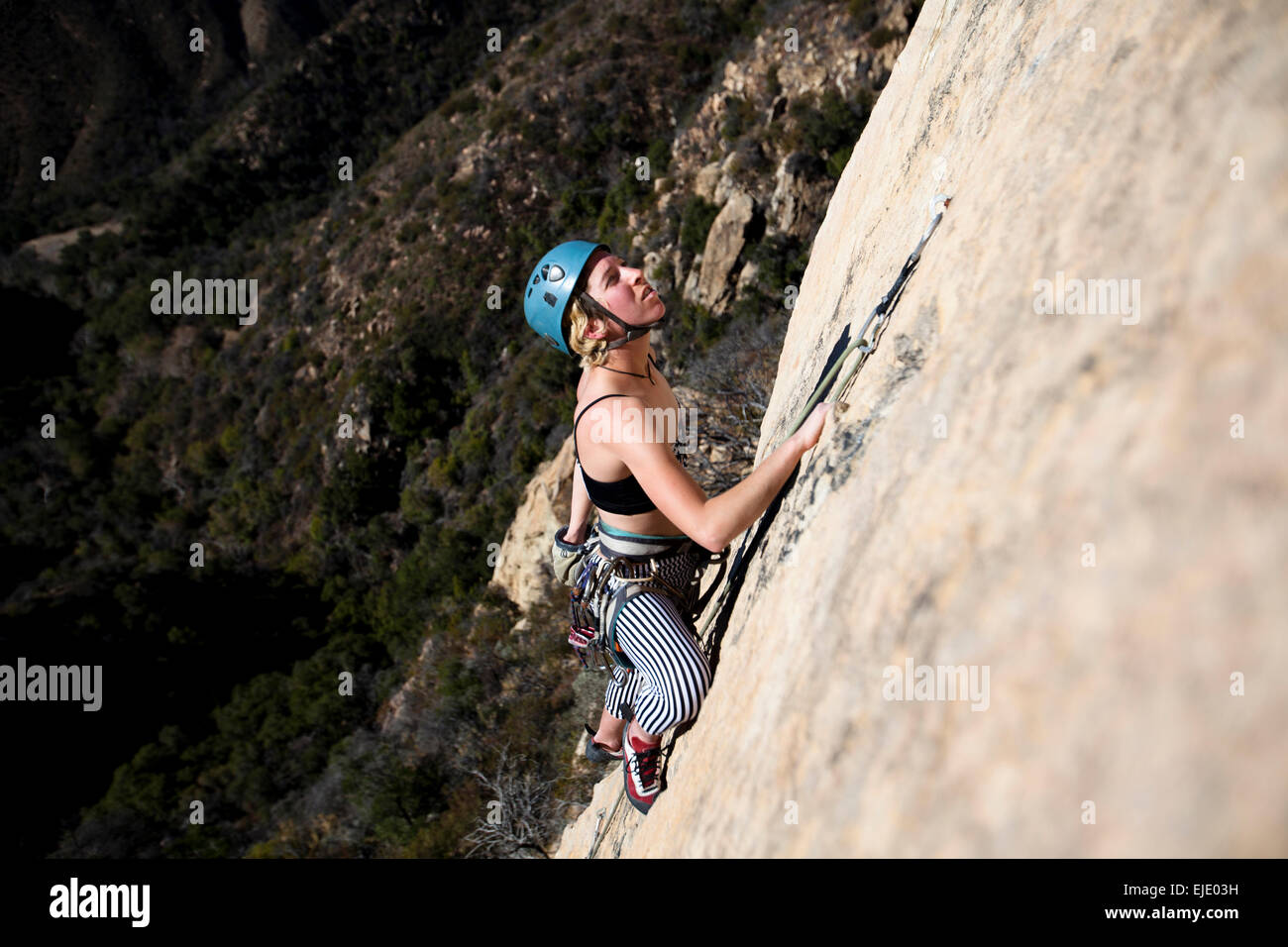 A woman wearing a tank top and striped pants reaches for chalk while climbing The Rapture (5.8) on Lower Gibraltar Rock in Stock Photo