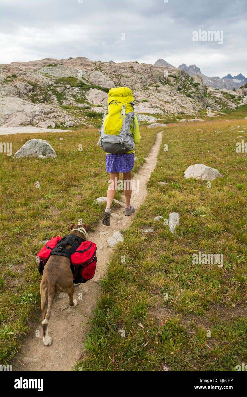 Woman hiker in Titcomb Basin, Wind River Range, Pinedale, Wyoming. Stock Photo