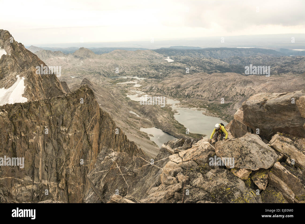 Female rock climber in Titcomb Basin, Wind River Range, Pinedale, Wyoming. Stock Photo