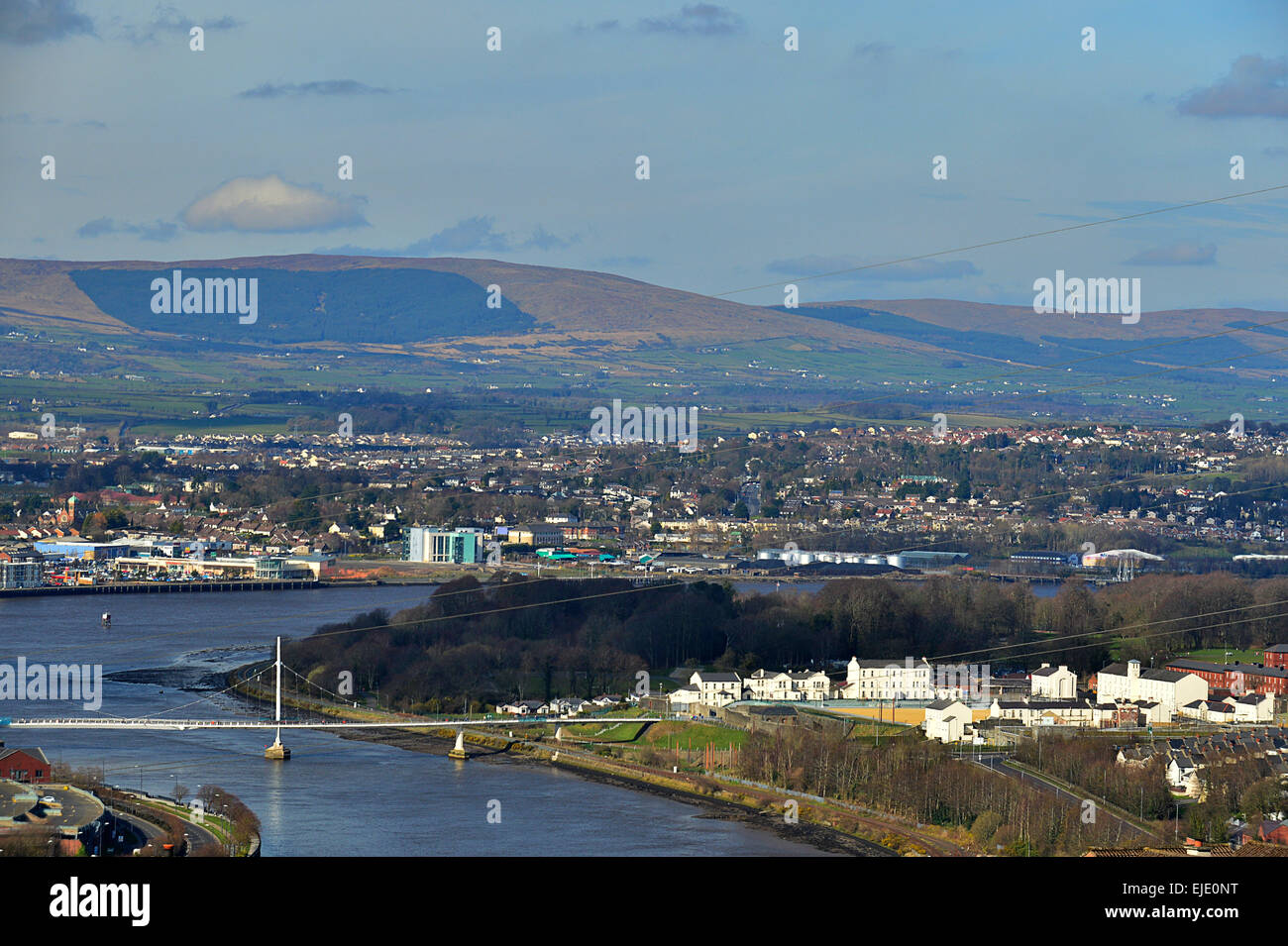 Londonderry, Derry, skyline, Peace Bridge,  River Foyle and Ebrington Stock Photo