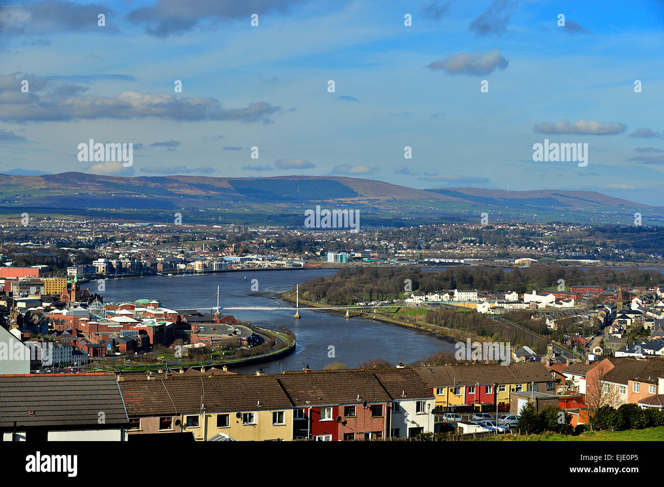 Londonderry, Derry, skyline, Peace Bridge, River Foyle and Ebrington Stock Photo