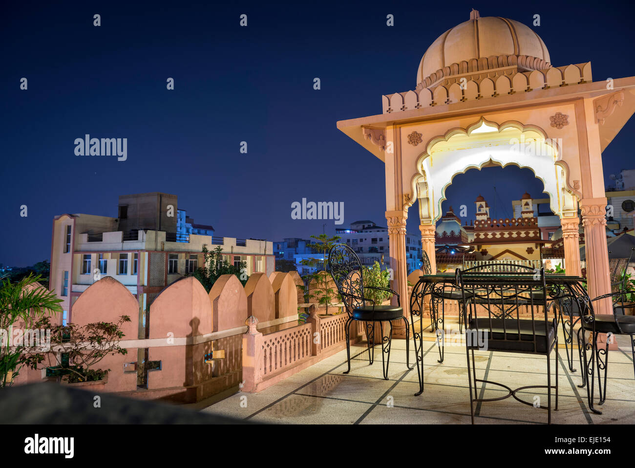 Hotel rooftop restaurant at night in Jaipur, Rajasthan, India Stock