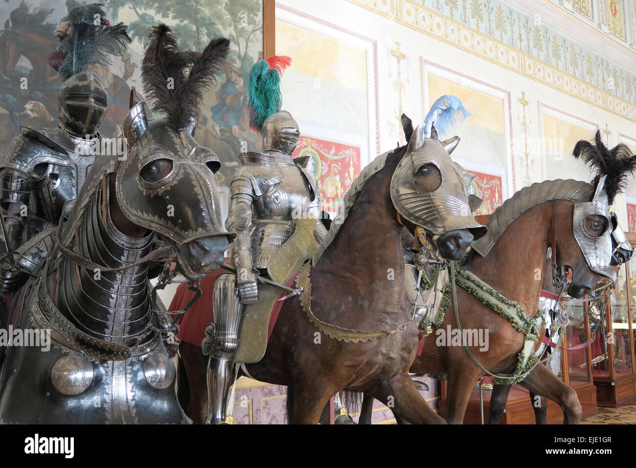 A photo of armored horses and horsemen exhibition in the hermitage museum, Saint Petersburg