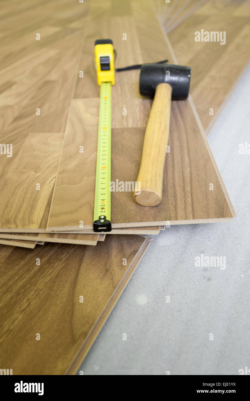 Laminate floor installation - home improvement Stock Photo