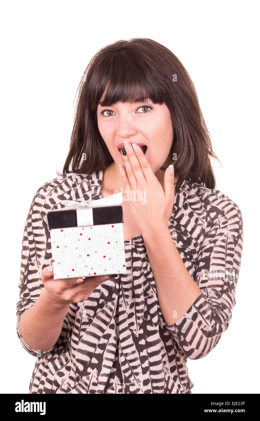 beautiful young happy girl holding present wrapped in a box Stock Photo ...