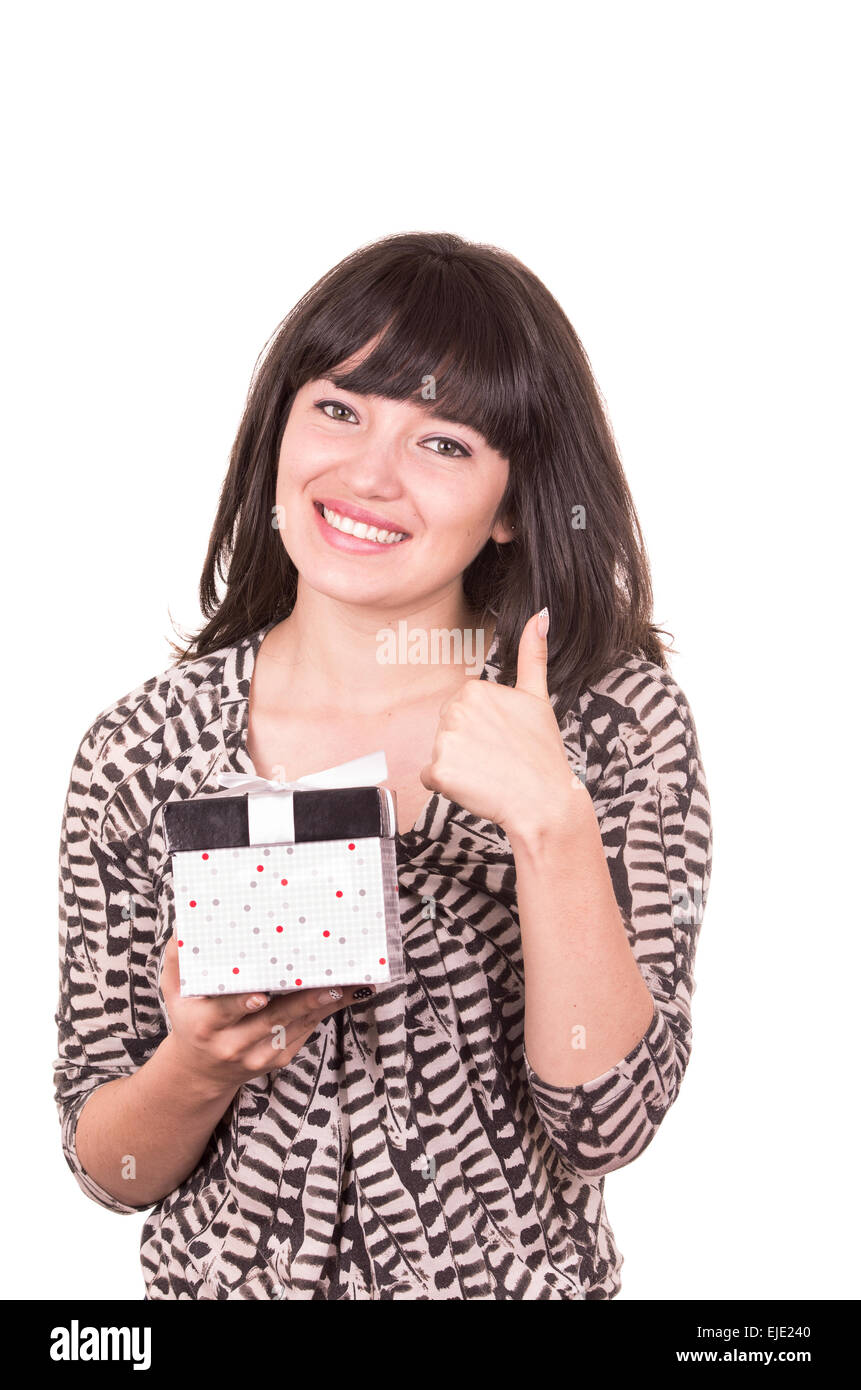 beautiful young happy girl holding present wrapped in a box Stock Photo ...