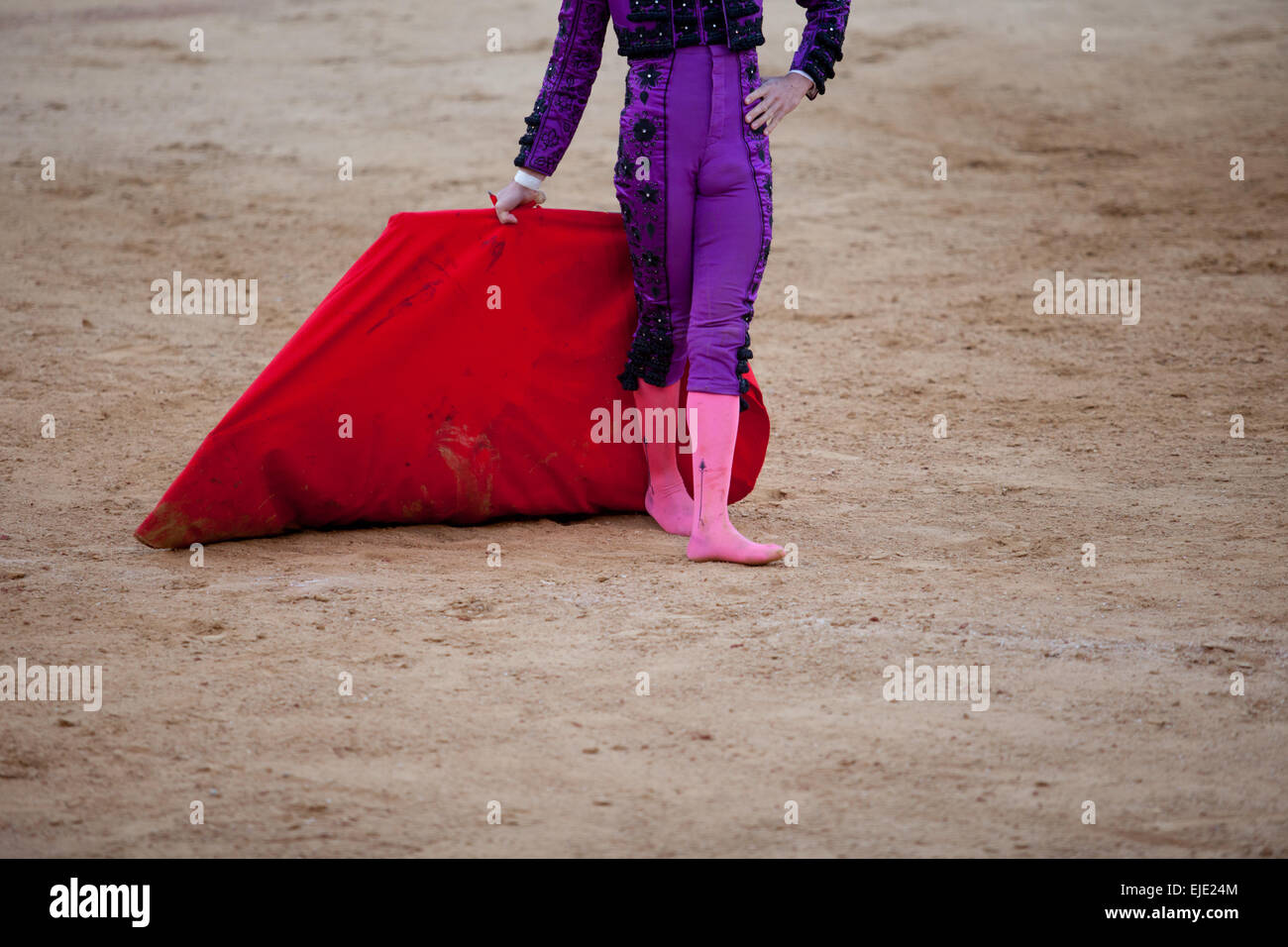 A barefoot bullfighter waits the bull with the capote during a bullfight Stock Photo