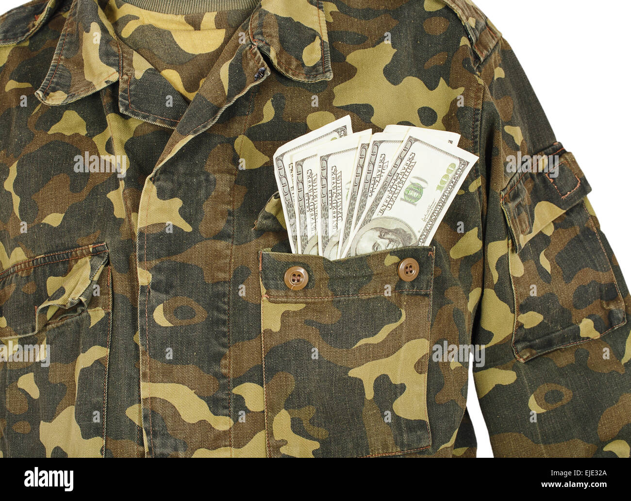 Army uniform pocket with dollars isolated on white background Stock Photo