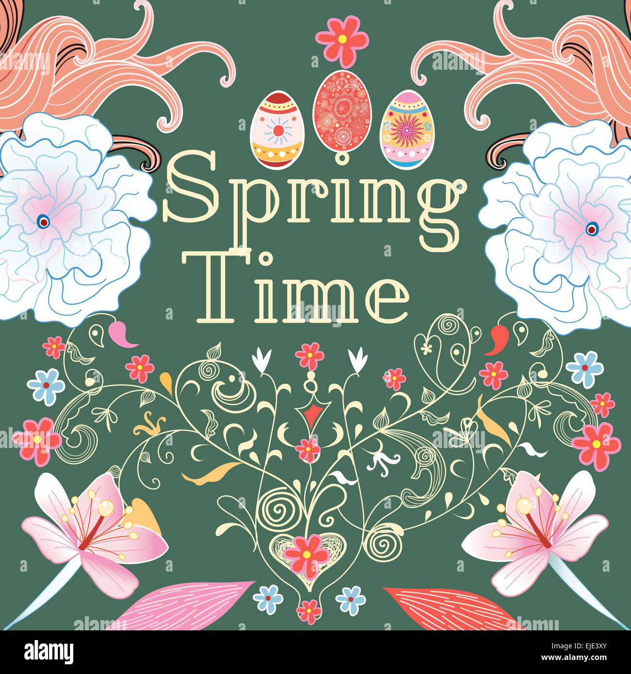 Backgraound Spring Time Floral decorative background spring time with different plants and eggs ...