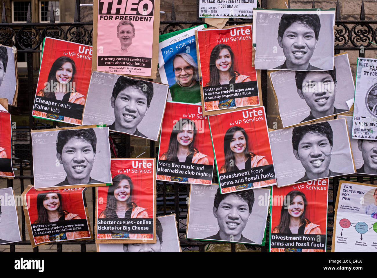Posters for Edinburgh University Student Association (EUSA) elections on railings at the students union building at Potterrow. Stock Photo