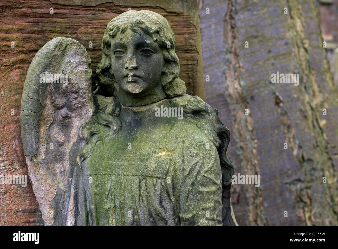 A weathered, worn and broken memorial featuring the figure of an angel in Dalry Cemetery, Edinburgh, Scotland, UK. Stock Photo