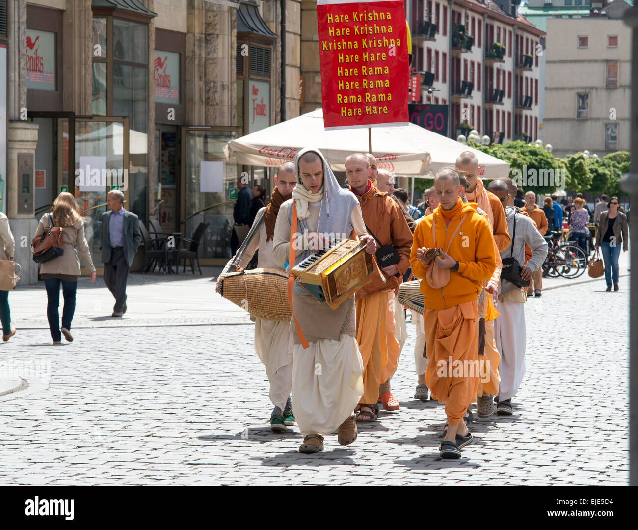 Wroclaw, Poland - 18 2014: members of Hare Krishna chanting and dancing May 18, 2014 on Wroclaw in Poland Stock Photo