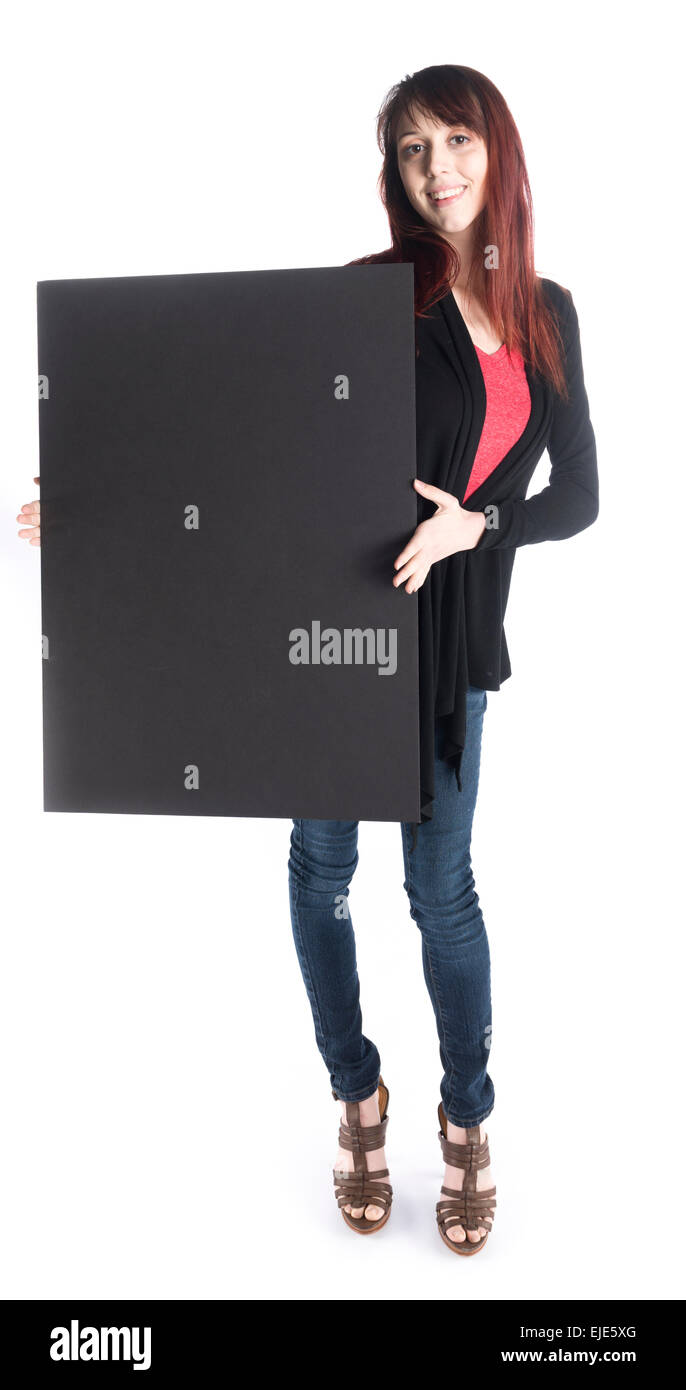 Smiling Woman Holding Empty Black Card Board Stock Photo