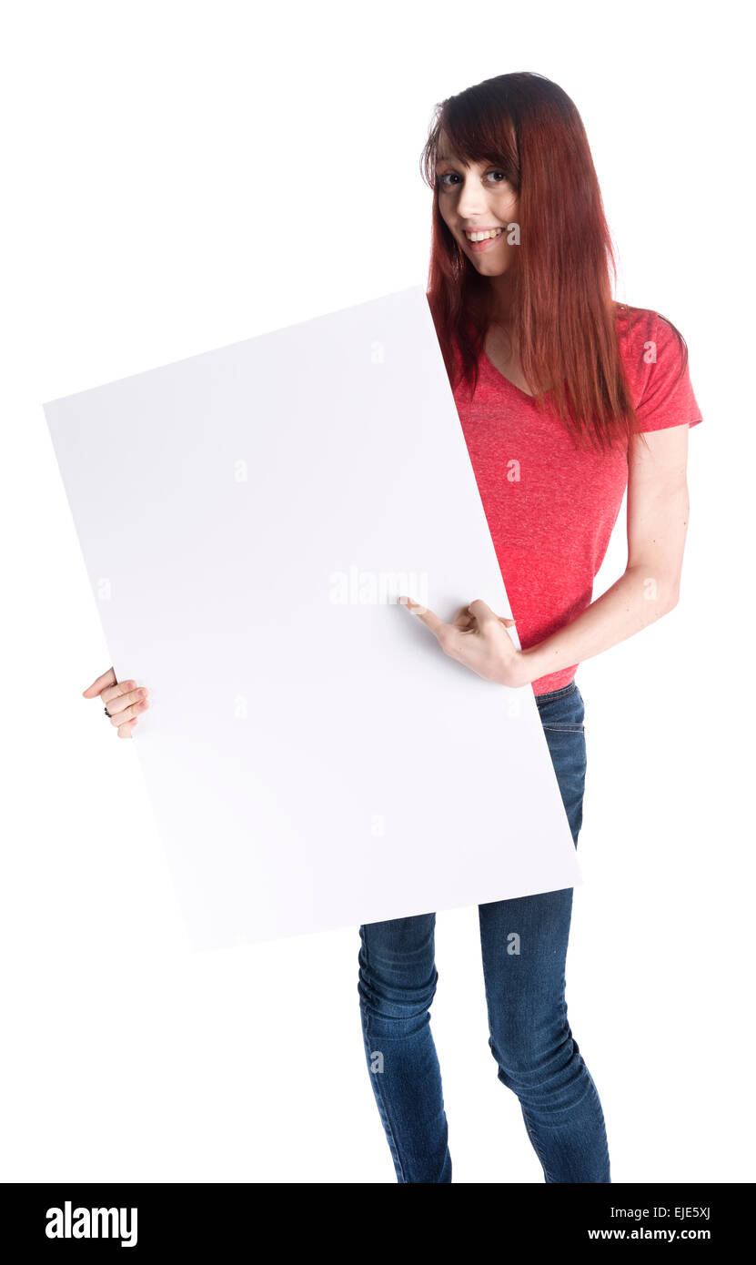 Happy Woman Holding Empty White Card Board Stock Photo