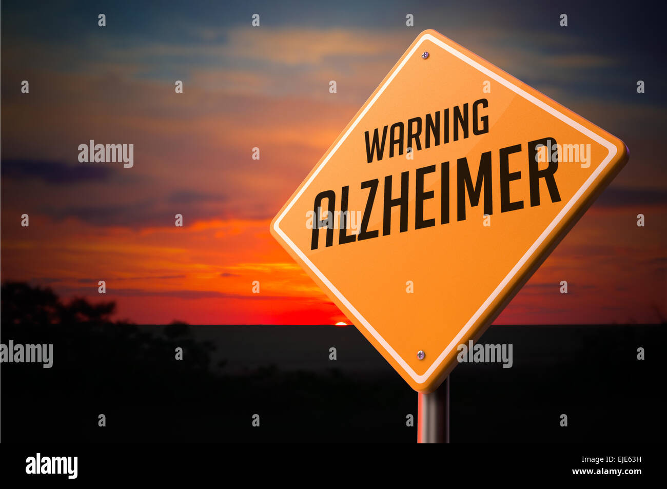 Alzheimer on Warning Road Sign on Sunset Sky Background. Stock Photo