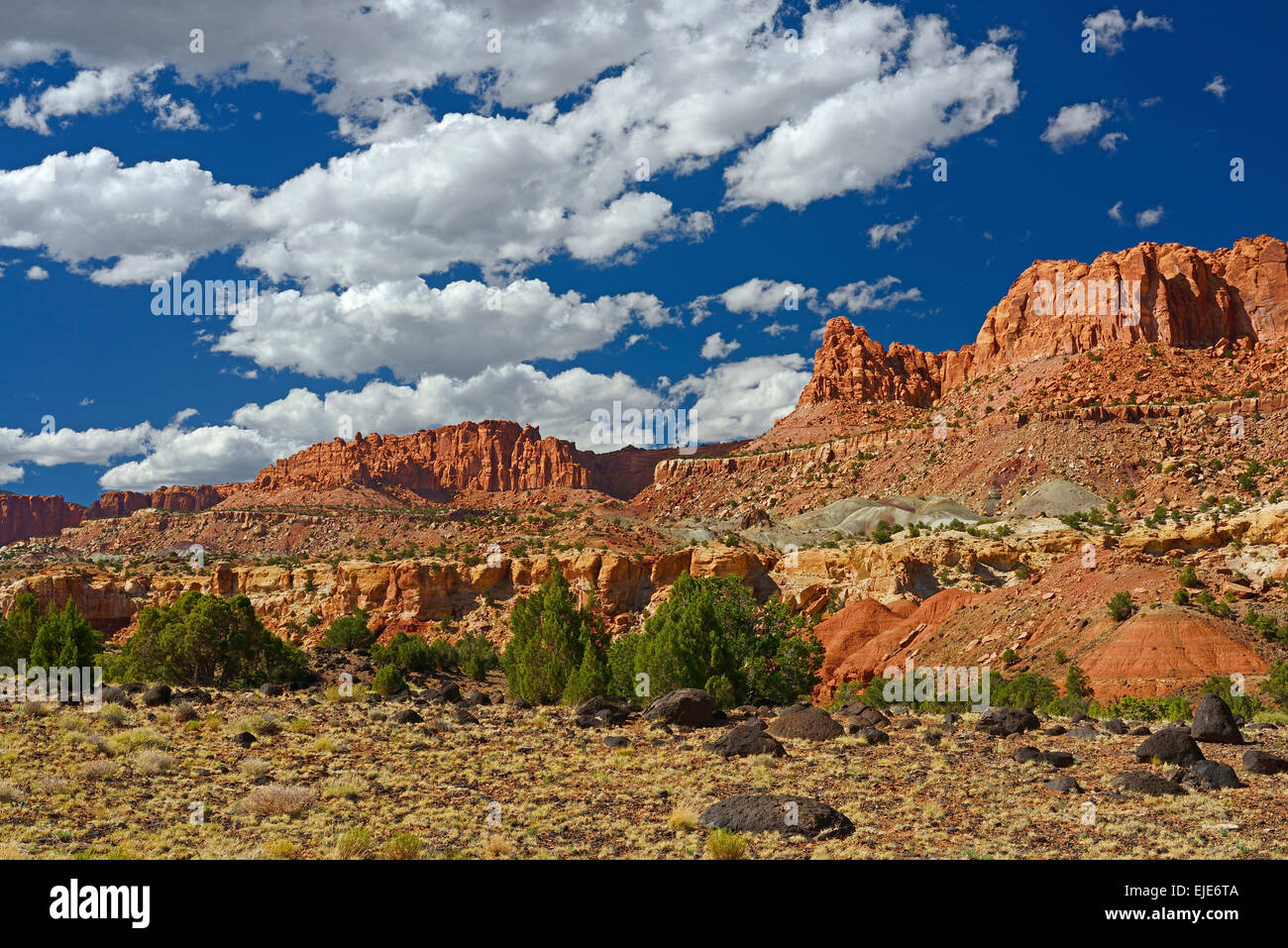 Combination of red rock and volcanic stone near Capital Reef National Park, Utah, United States. Stock Photo