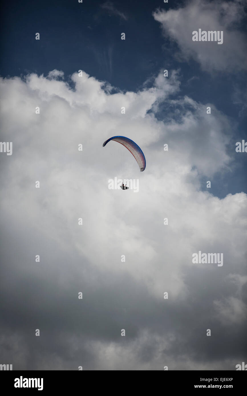 Paraglider in the sky in front of puffy clouds. Wasserkuppe, Rhoen Mountains, Germany Stock Photo