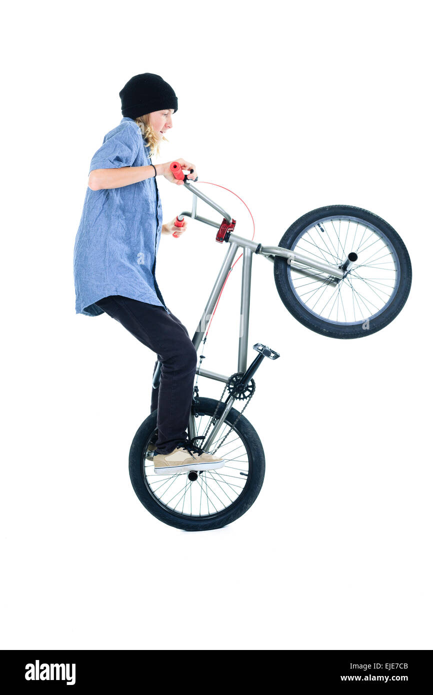 Bicycle Boy on BMX bike isolated on white Stock Photo