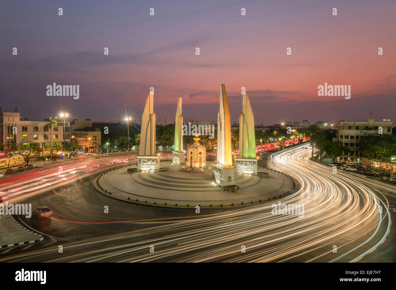The Democracy Monument at twilight time at Bangkok,Thailand Stock Photo
