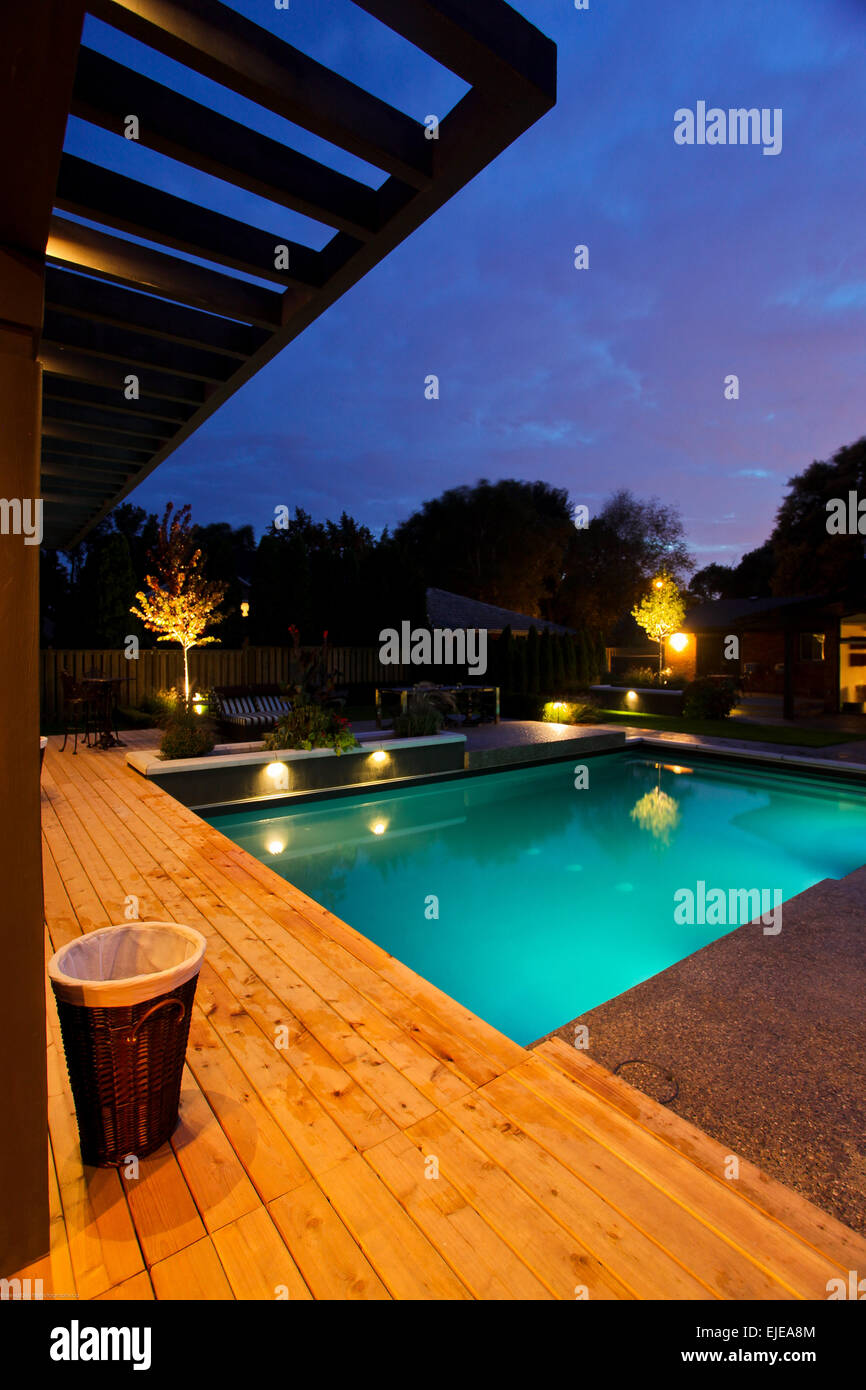 inground pool at night all lite up, heated and ready to swim Stock Photo