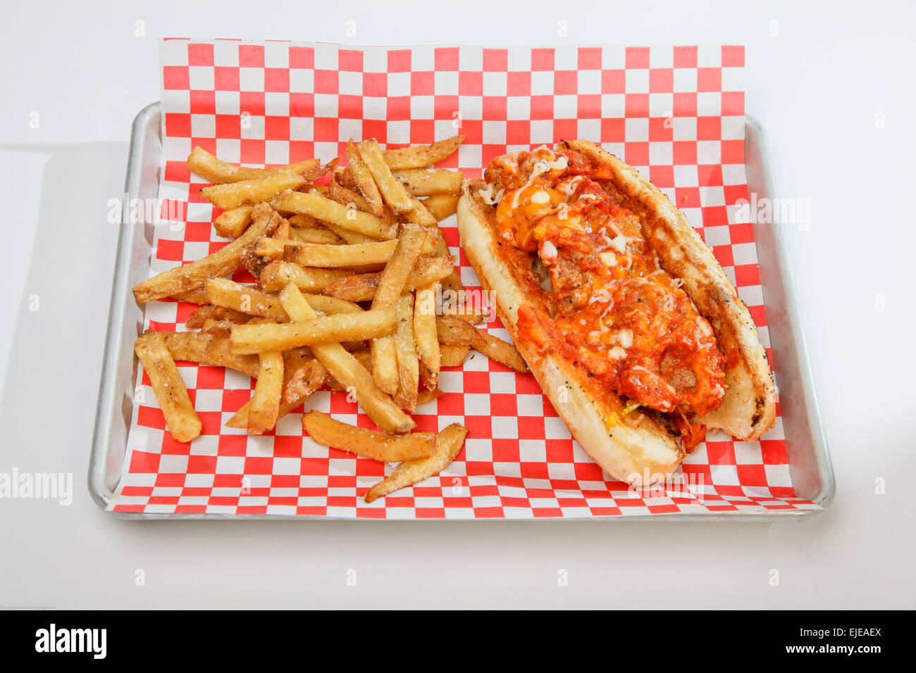 meatball sandwich and french fries Stock Photo