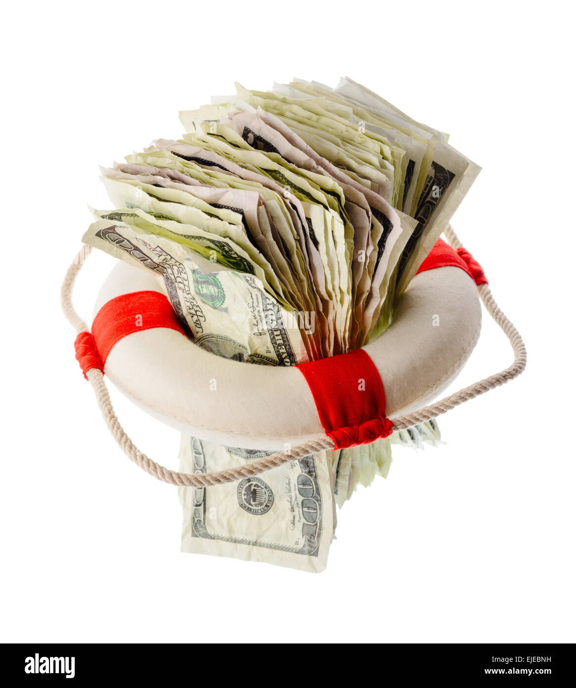 Money and finance: saving dollars, pack of one-hundred dollar bills inside a lifebuoy. Isolated on white background. Not a real Stock Photo