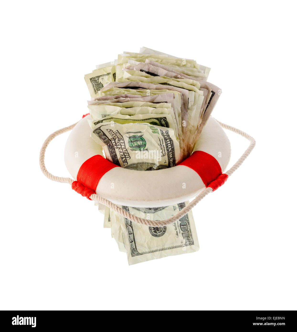 Money and finance: saving dollars, pack of one-hundred dollar bills inside a lifebuoy. Isolated on white background. Not a real Stock Photo