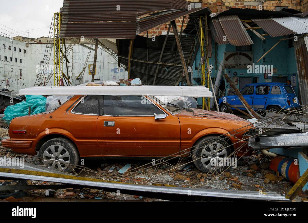 Bogota, Colombia. 24th Mar, 2015. Debris are seen in the city of Bogota, Colombia, on March 24, 2015. According to local press, several sectors of the Colombian capital city were affected by strong rain accompanied by hail on March 22, causing damage to hundreds of homes and generating floods. Credit:  Mauricio Alvarado/COLPRENSA/Xinhua/Alamy Live News Stock Photo