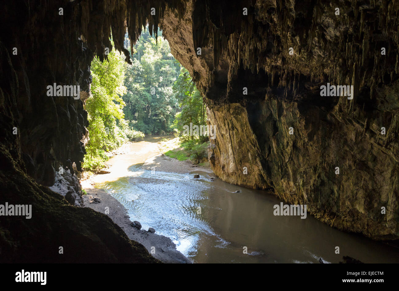 One side of entrance to a cave with stalagmite and stalactite at Tham Lod National Park, Mae Hong Son Province, Thailand Stock Photo