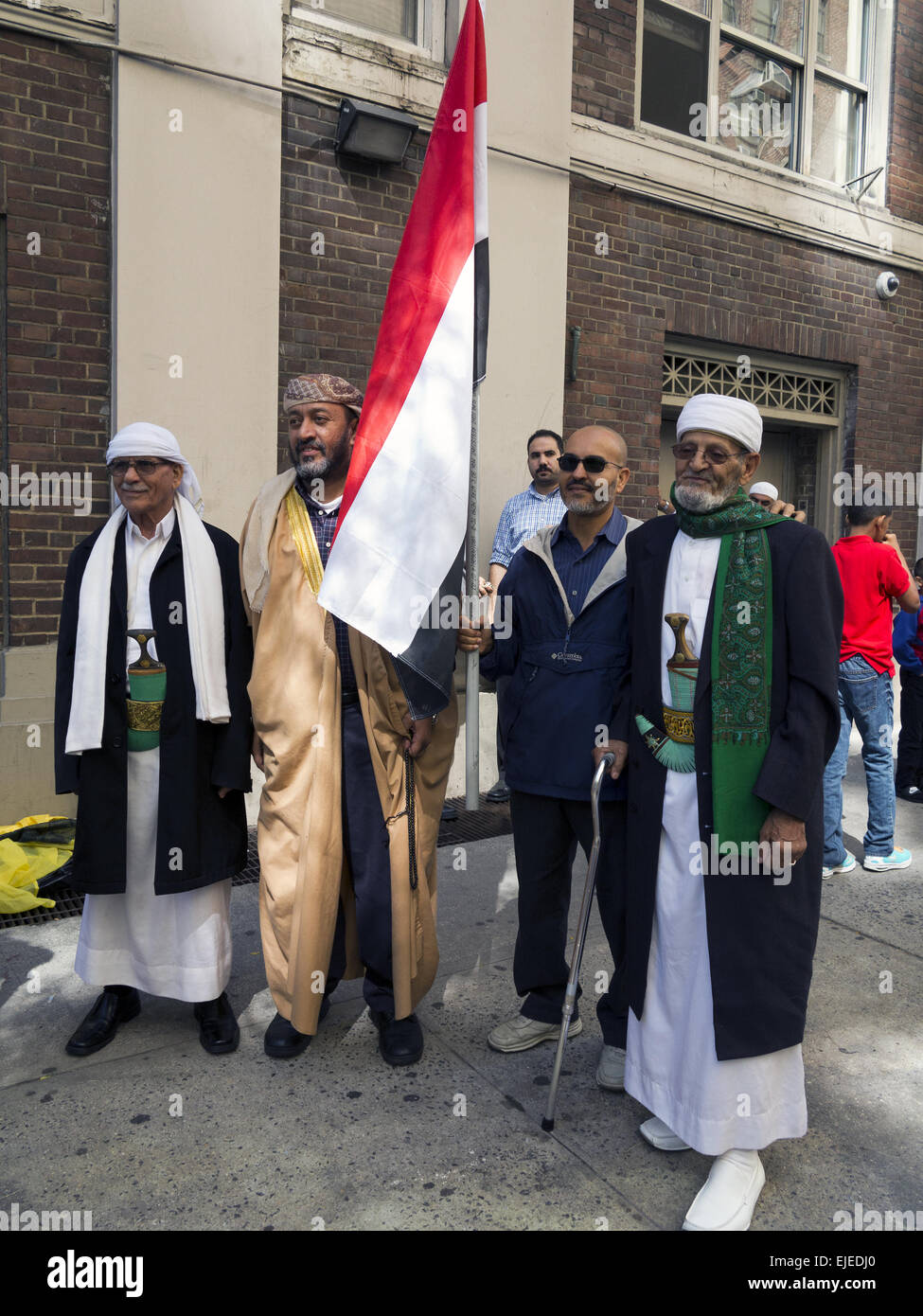 Egyptian men prepare to march in 29th Annual Muslim American Day Parade in New York City, 2014. Stock Photo