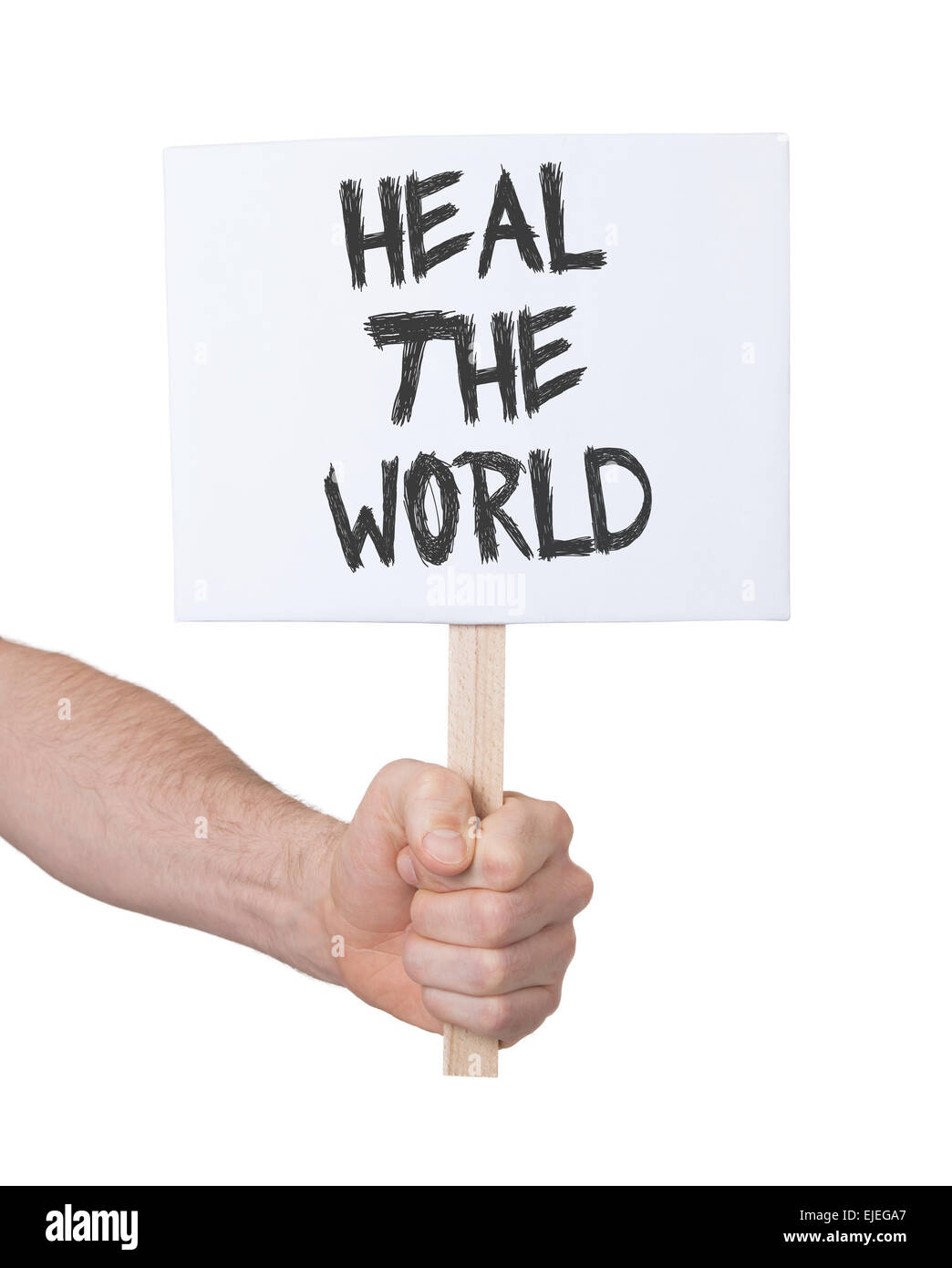 Hand holding sign, isolated on white - Heal the world Stock Photo