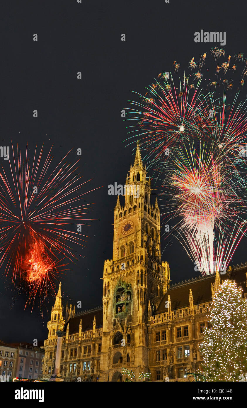 Munich City Hall, Marienplatz square, with New Year's fireworks, Munich, Upper Bavaria, Bavaria, Germany Stock Photo