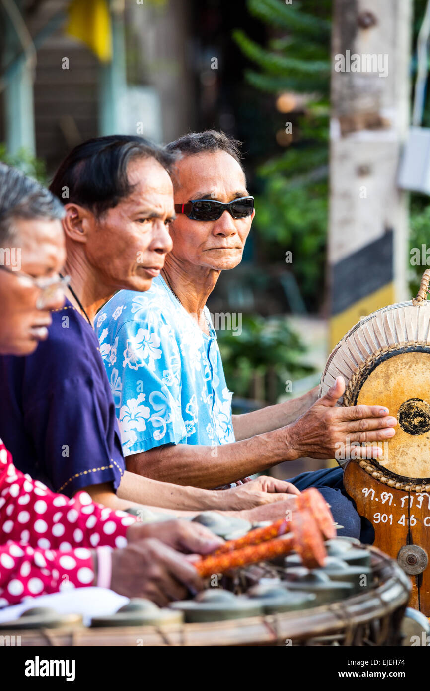 SUKHOTHAI, THAILAND - MAY 4: Unidentified blind musicians are playing Thai traditional music on May 4, 2013 at Rim Yom 2437 nigh Stock Photo