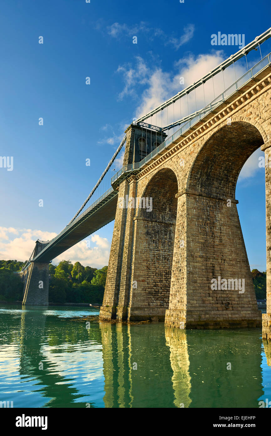 Menai Suspension Bridge, completed in 1826  crossing the menai straits between the island of Anglesey and the mainland of Wales Stock Photo