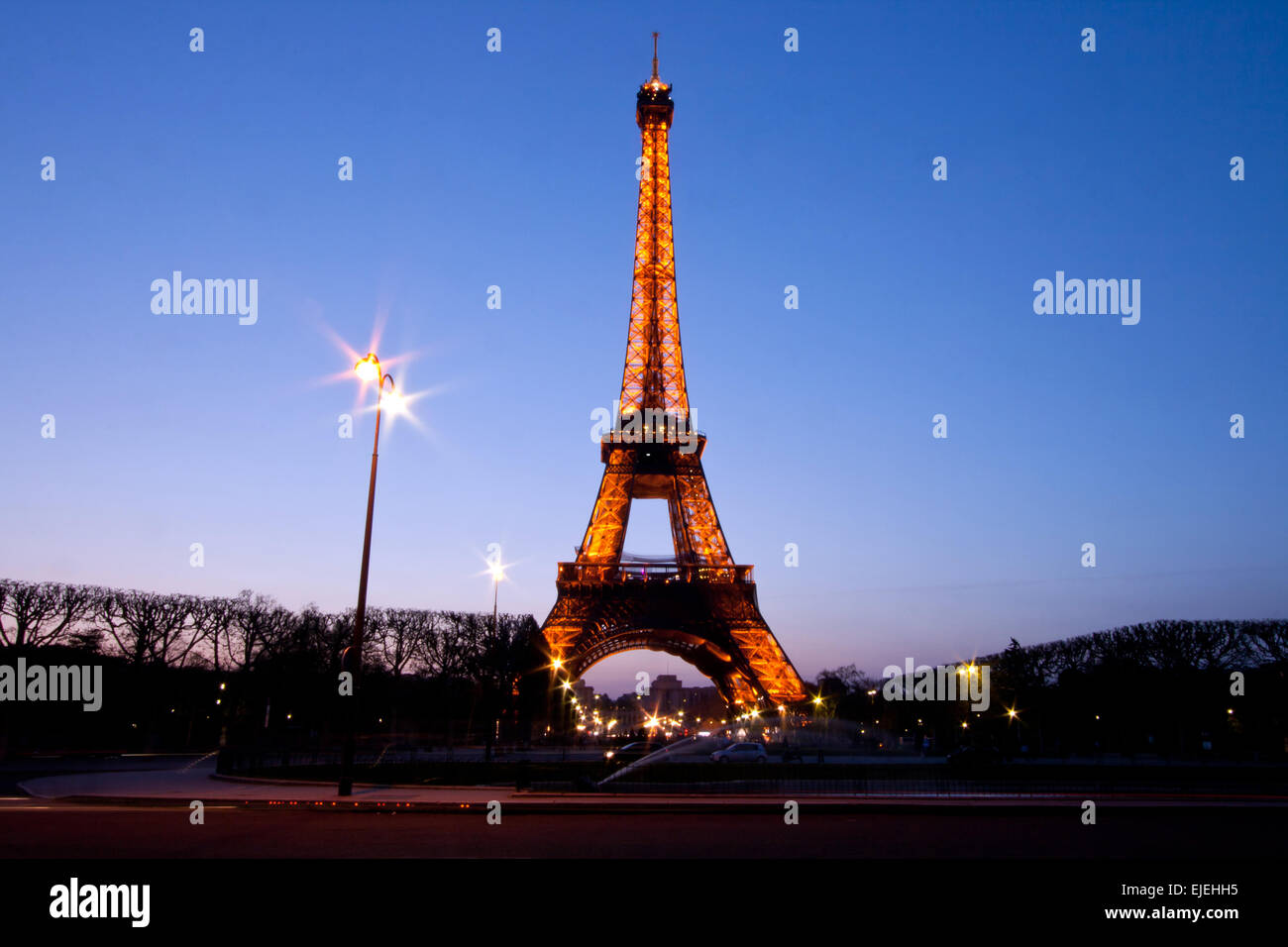 PARIS APR 20 Eiffel Tower Light and Beam Show ay Dusk on April 20, 2010.Eiffel Tower is the