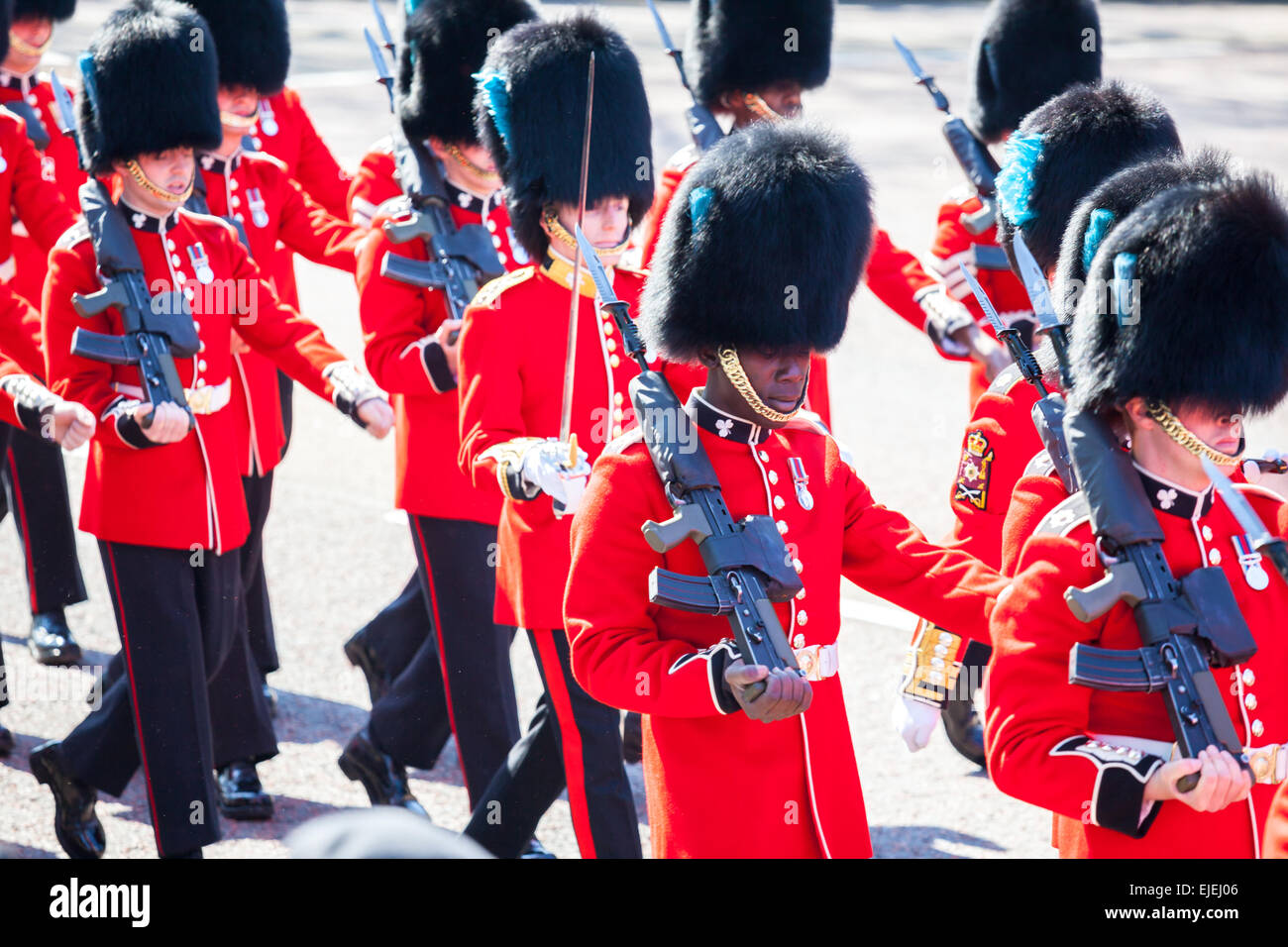 LONDON - APR 6: The colorful changing of the royal guard ceremony at Buckingham Palace on April 6, 2012 in London, which is one  Stock Photo