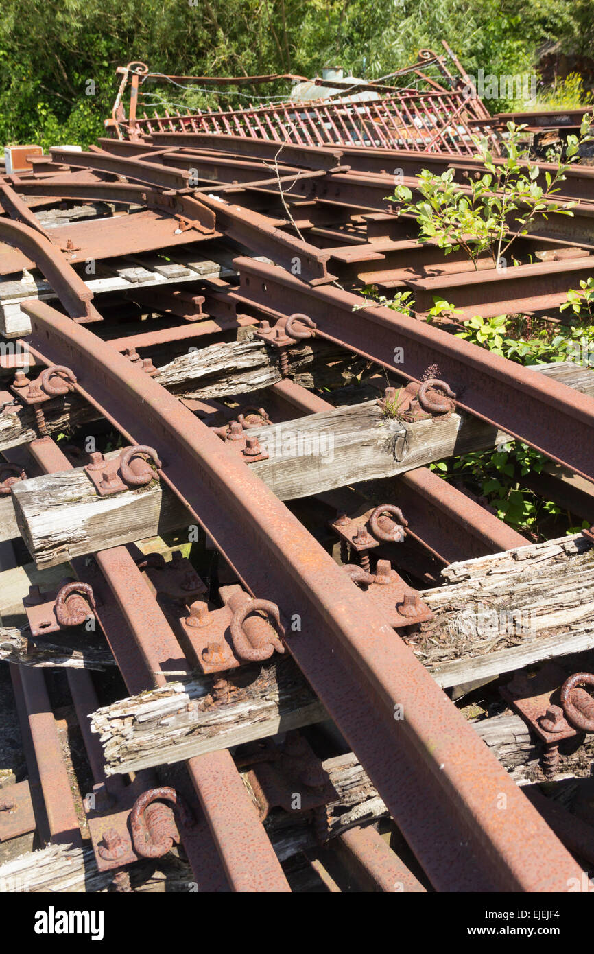 Scrap metal narrow gauge railway track at Astley Green Colliery Museum,  as used on the colliery's internal railway. Stock Photo