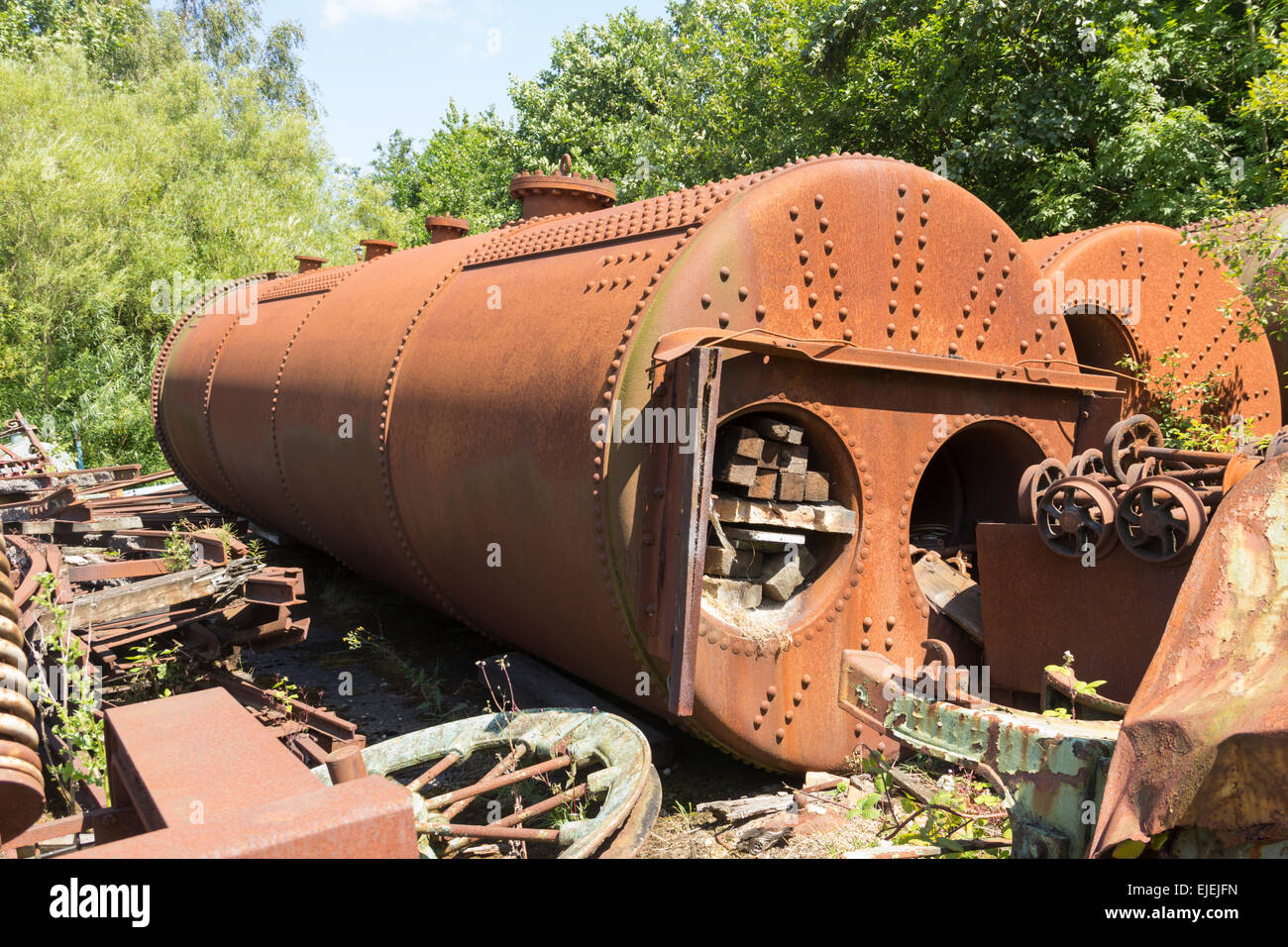 Rusty twin flue 'Lancashire' boilers awaiting restoration at Astley Green Colliery Museum  near Manchester. Stock Photo