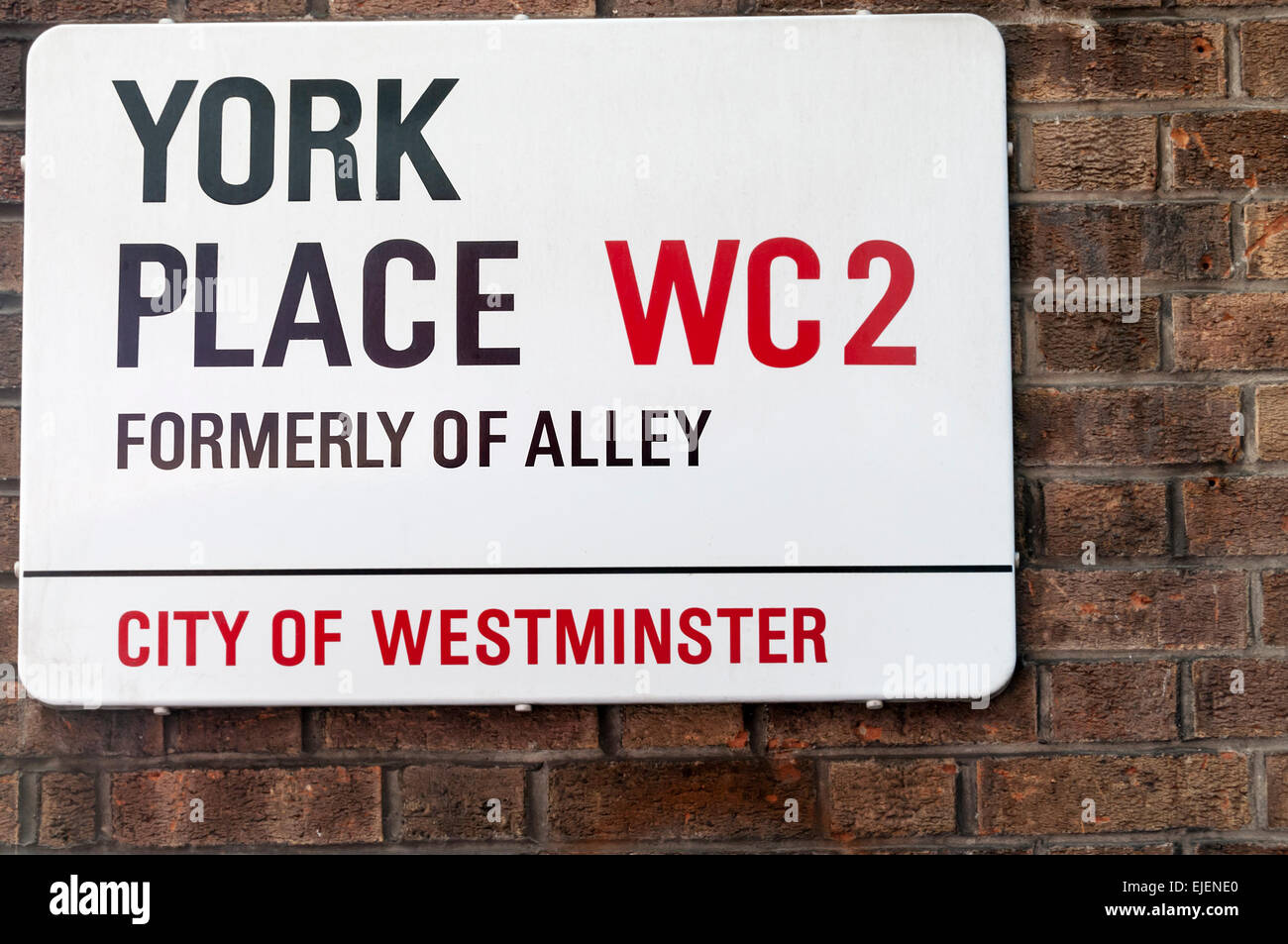 Street nameplate for Of Alley, now named York Place in central London.  SEE DESCRIPTION FOR DETAILS. Stock Photo