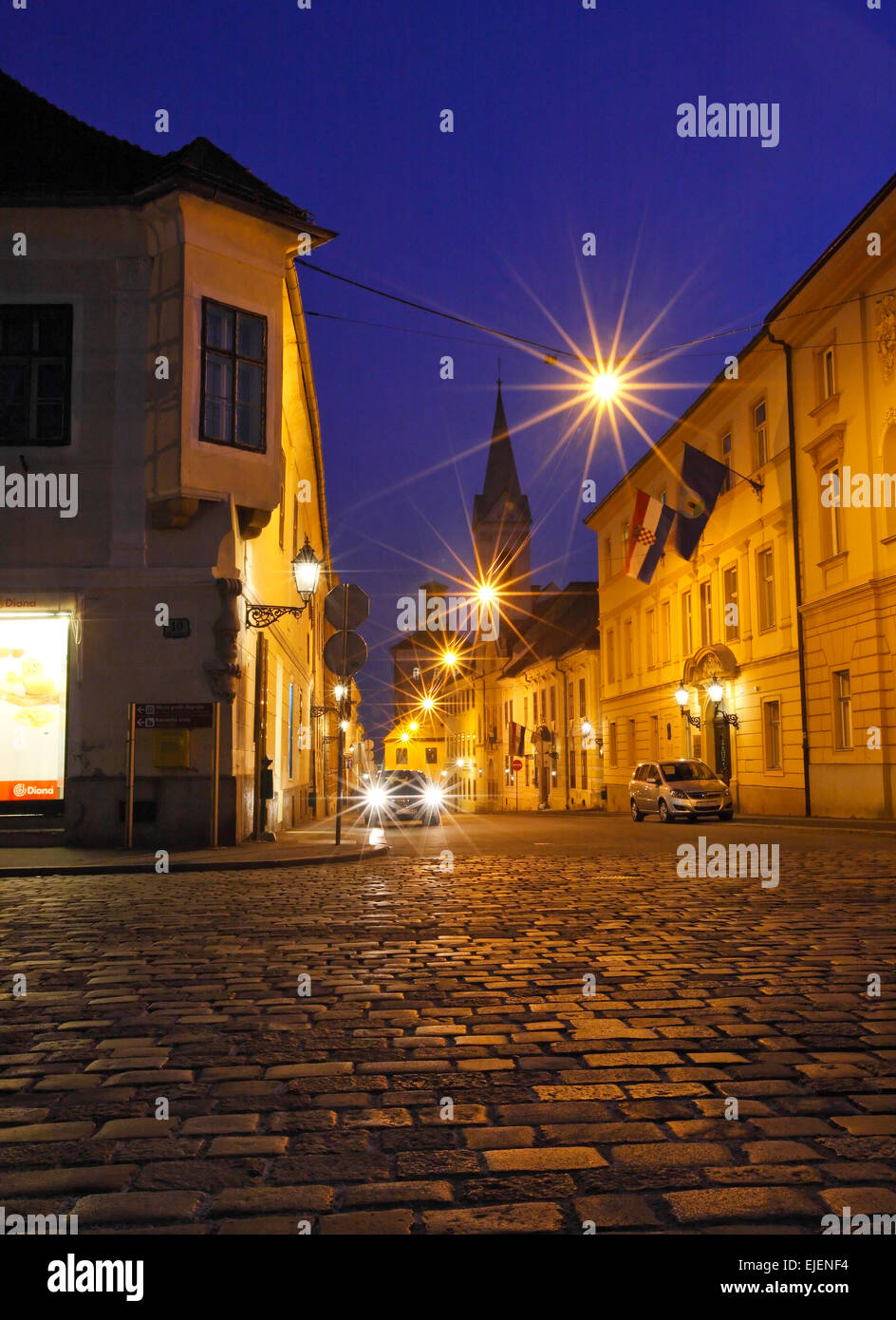 Zagreb, night. Upper town with Lotrscak tower on the back. Stock Photo