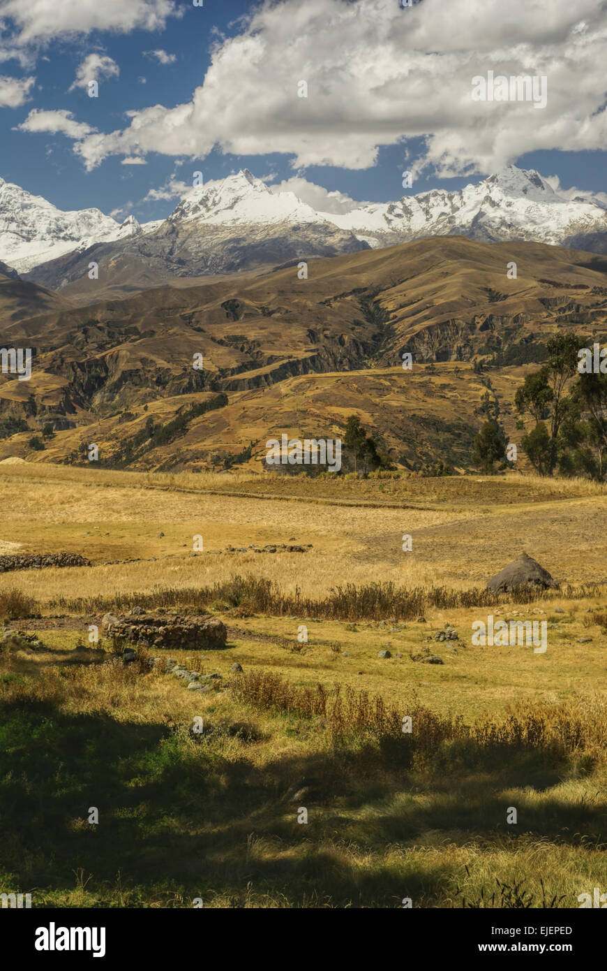 Picturesque view of a sunlit slopes of Peruvian Cordillera Negra Stock Photo