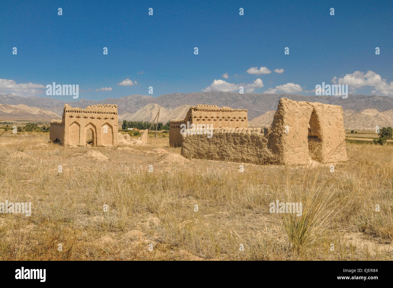 Ruins of ancient temple on arid landscape in Kyrgyzstan Stock Photo