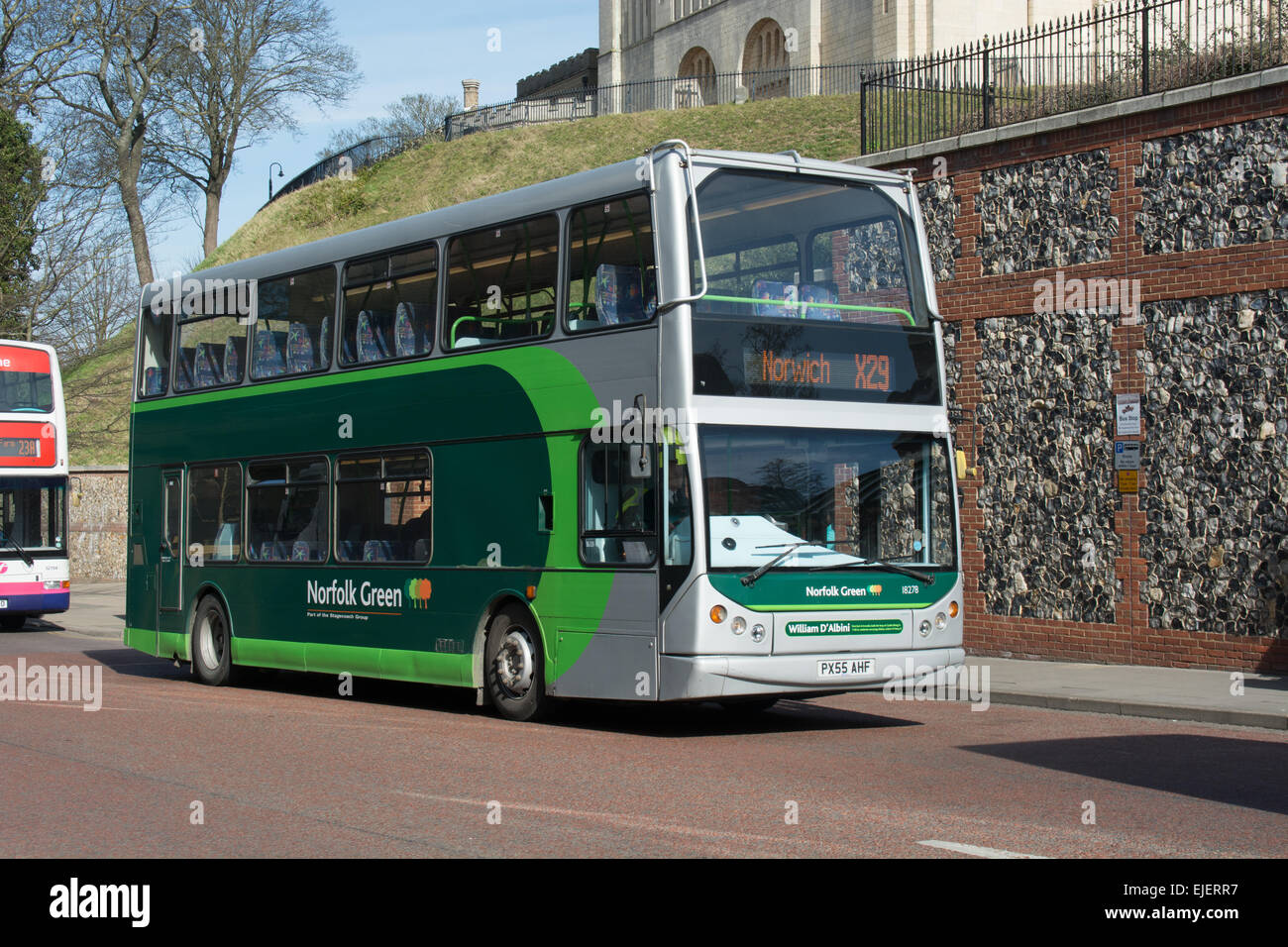 An Alexander Dennis  AD Trident operated by Stagecoach Norfolk Green passes Norwich Castle at the end of its journey on routeX29 Stock Photo