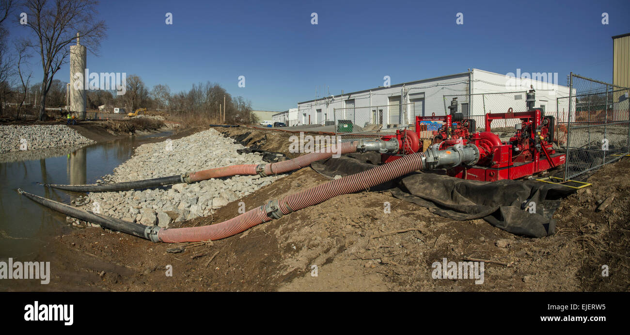 Industrial Pumps At Construction Site, Army Corp Of Engineers Project, USA Stock Photo