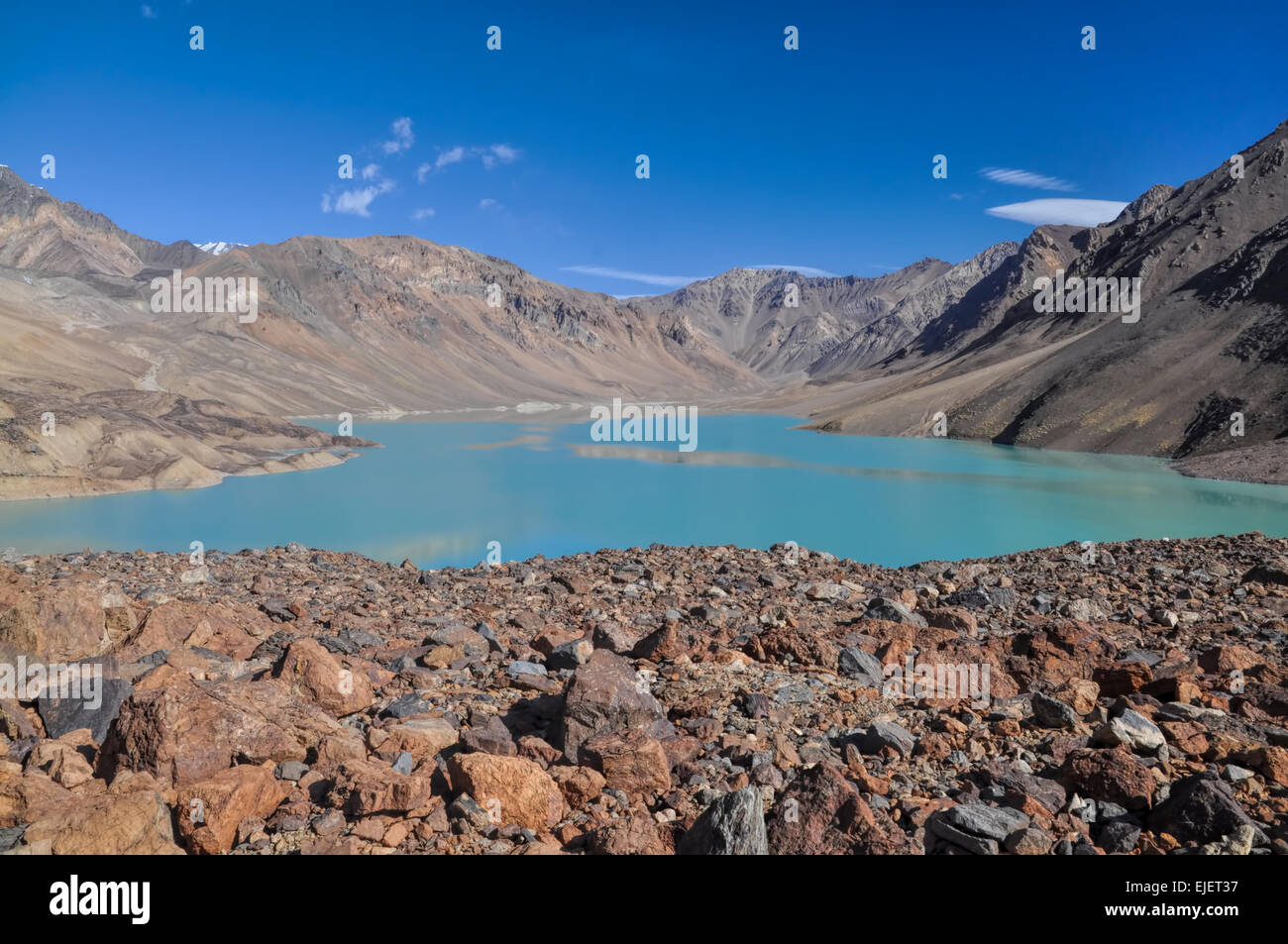 Scenic lake in rocky valley in Pamir mountains in Tajikistan Stock Photo