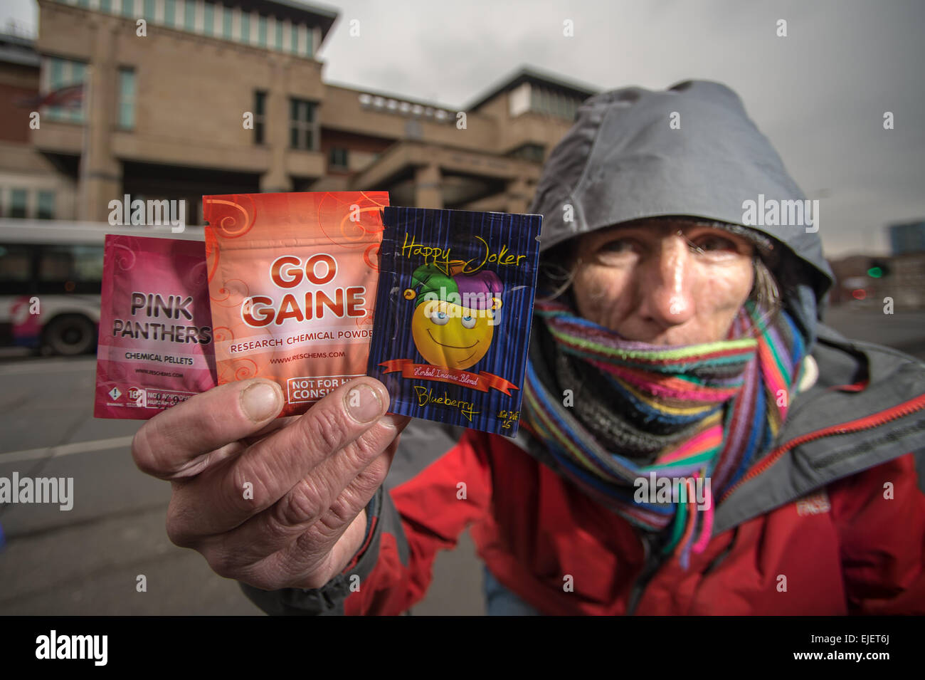 A dealer holds a selection of Legal Highs including Pink Panthers, Go Gaine  and Happy Joker Stock Photo - Alamy