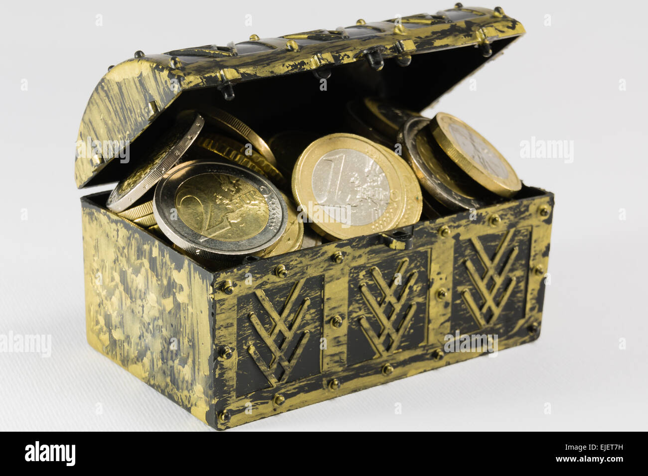 treasure chest filled with gold and silver coin, euro currency Stock
