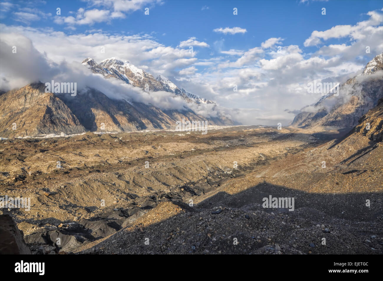 Scenic view of Engilchek glacier in Tian Shan mountain range in Kyrgyzstan Stock Photo