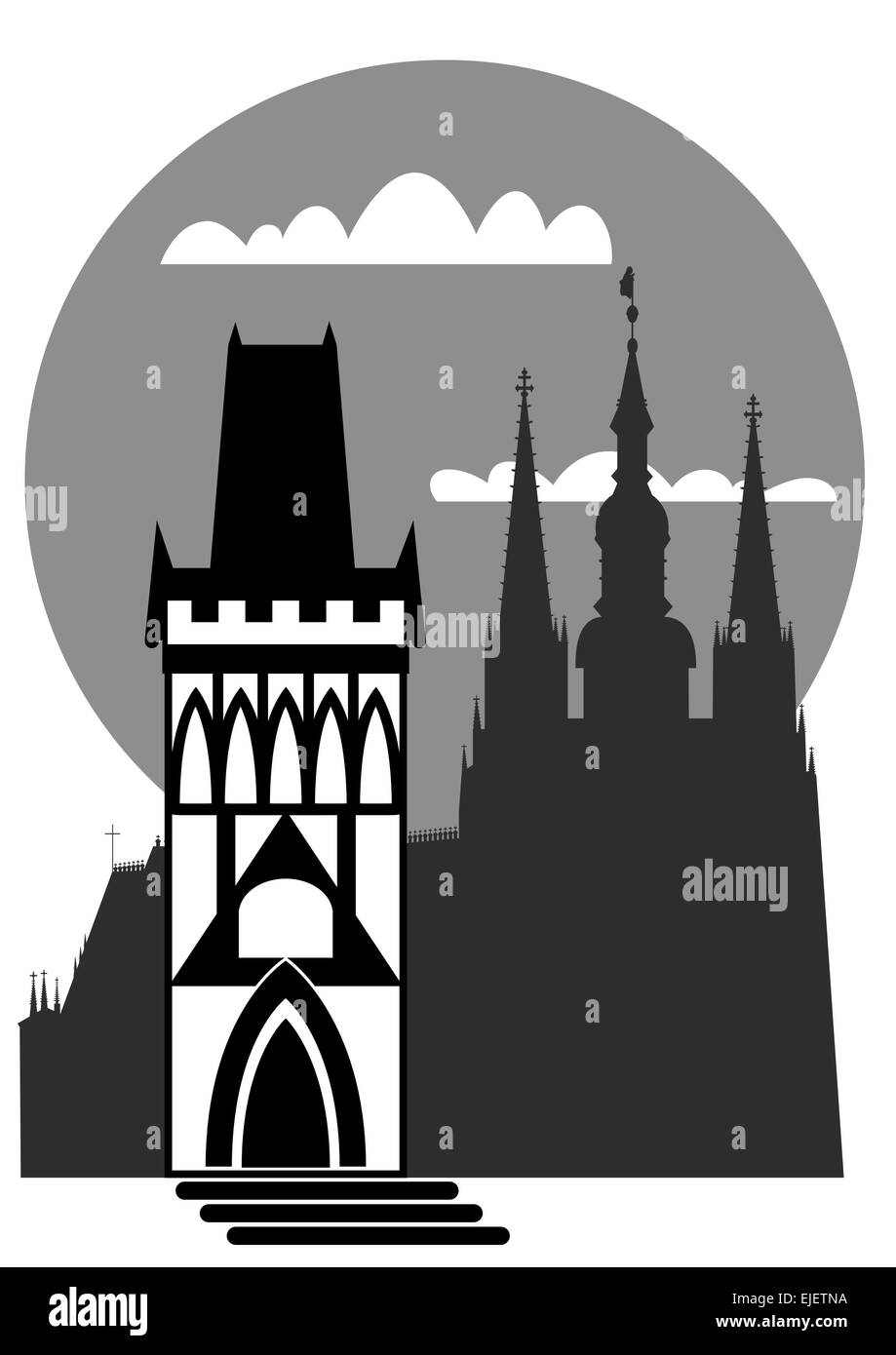 Illustration of the famous landmarks of Prague - Prague castle and Old Town Hall Tower Stock Vector